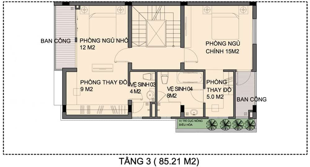 Mặt bằng thiết kế tầng 3 biệt thự an phú shop villa dương nội